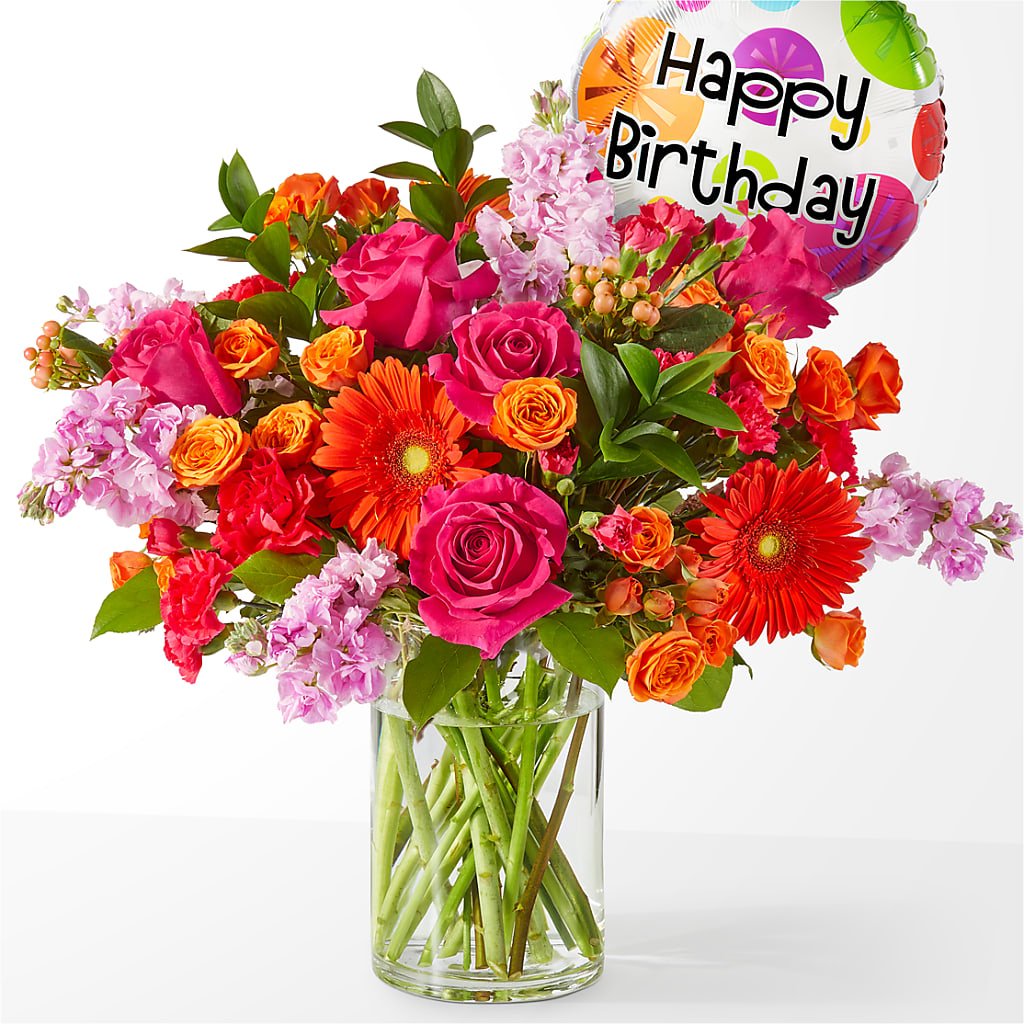 Fiesta Bouquet with Birthday Balloon – MAGGIE'S FLORIST AND GIFTS, Decatur AL