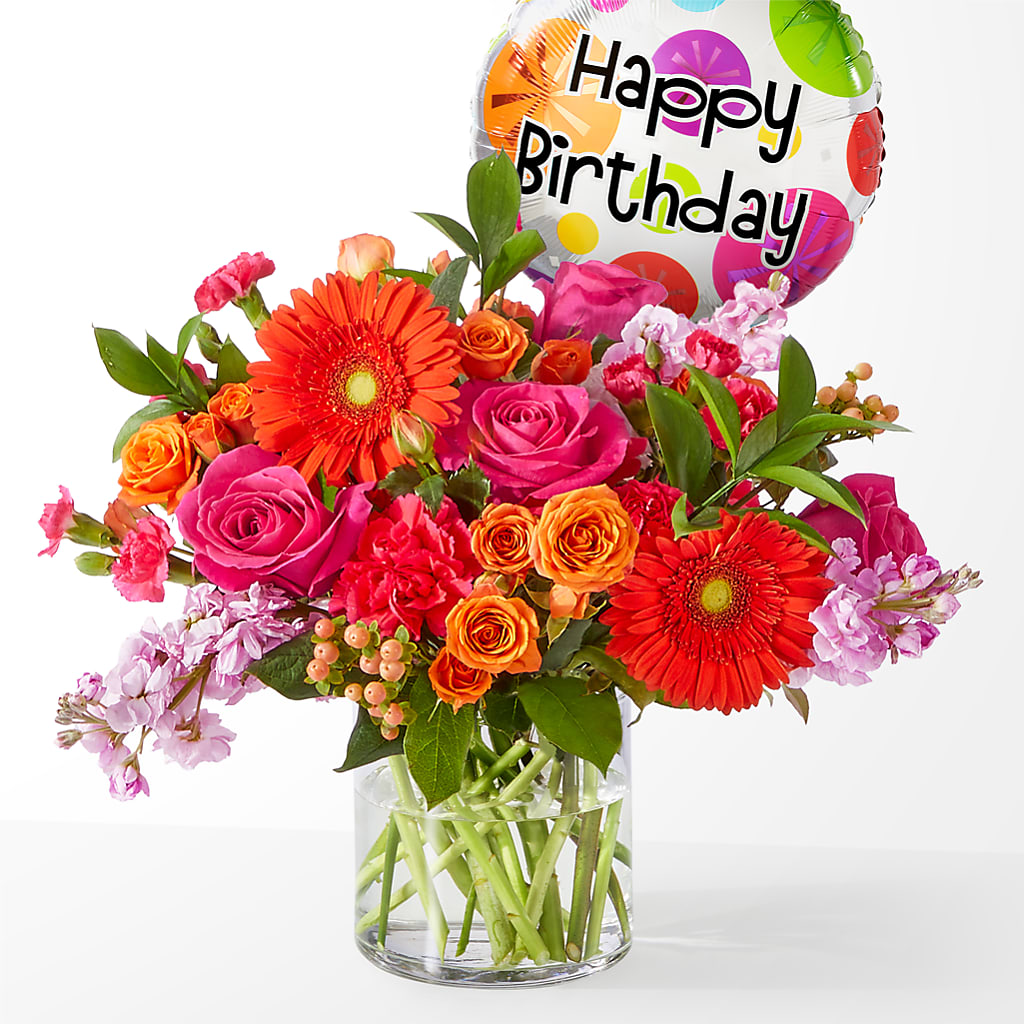 Fiesta Bouquet with Birthday Balloon – MAGGIE'S FLORIST AND GIFTS, Decatur AL