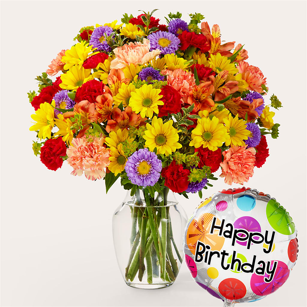Kaleidoscope Bouquet with Birthday Balloon – MAGGIE'S FLORIST AND GIFTS, Decatur AL