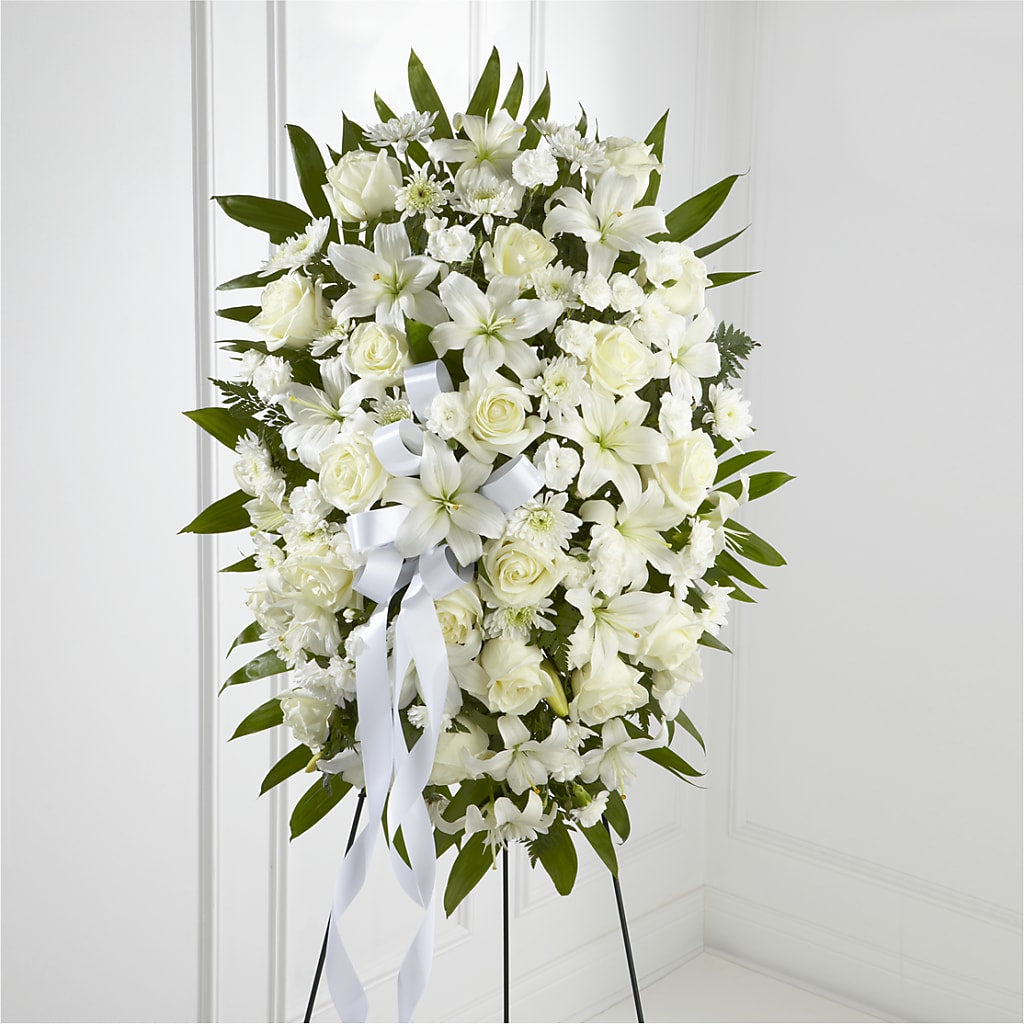 Exquisite Tribute Standing Spray-White Ribbon – MAGGIE'S FLORIST AND GIFTS, Decatur AL