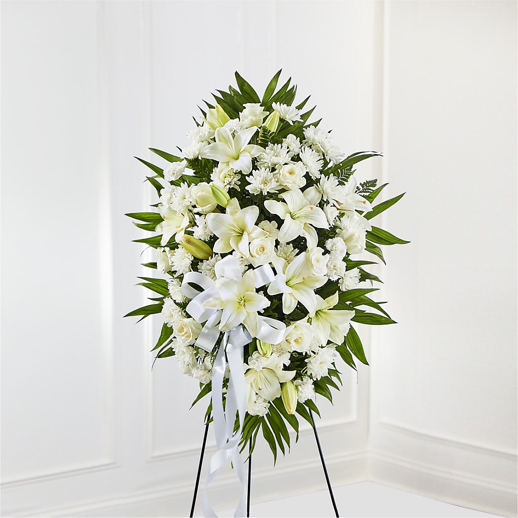 Exquisite Tribute Standing Spray-White Ribbon – MAGGIE'S FLORIST AND GIFTS, Decatur AL